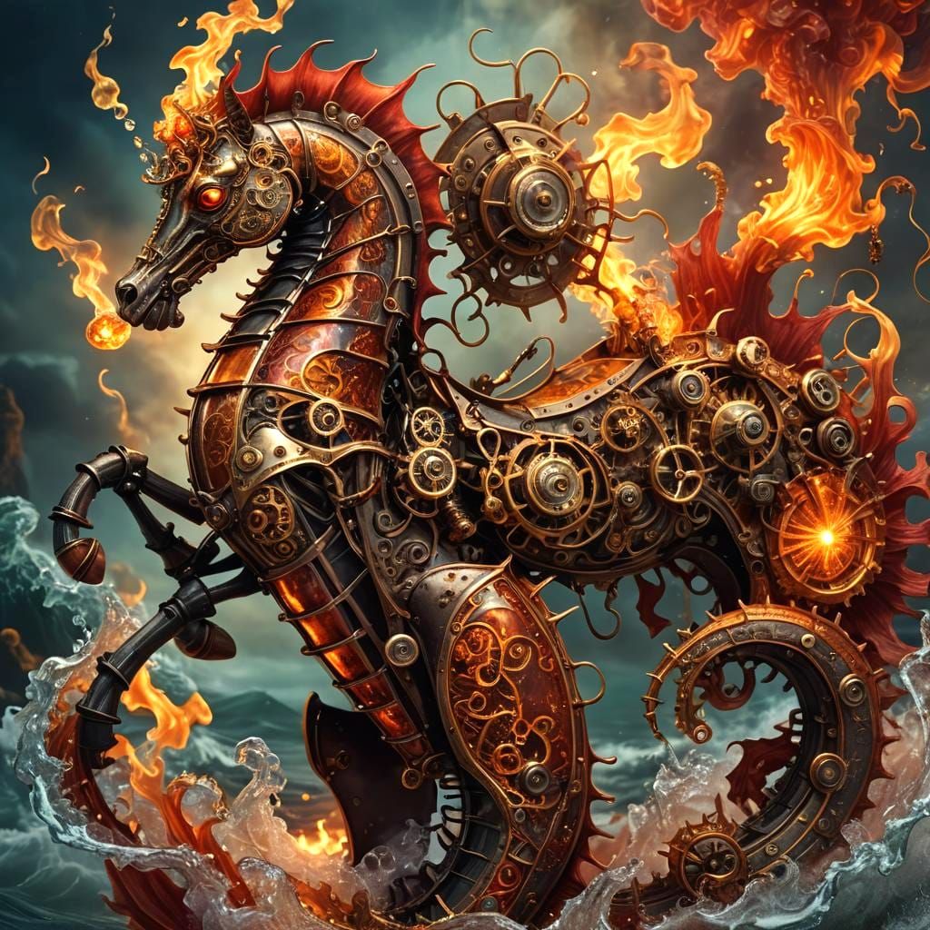 Steampunk Sea Horse in a Fiery Sea