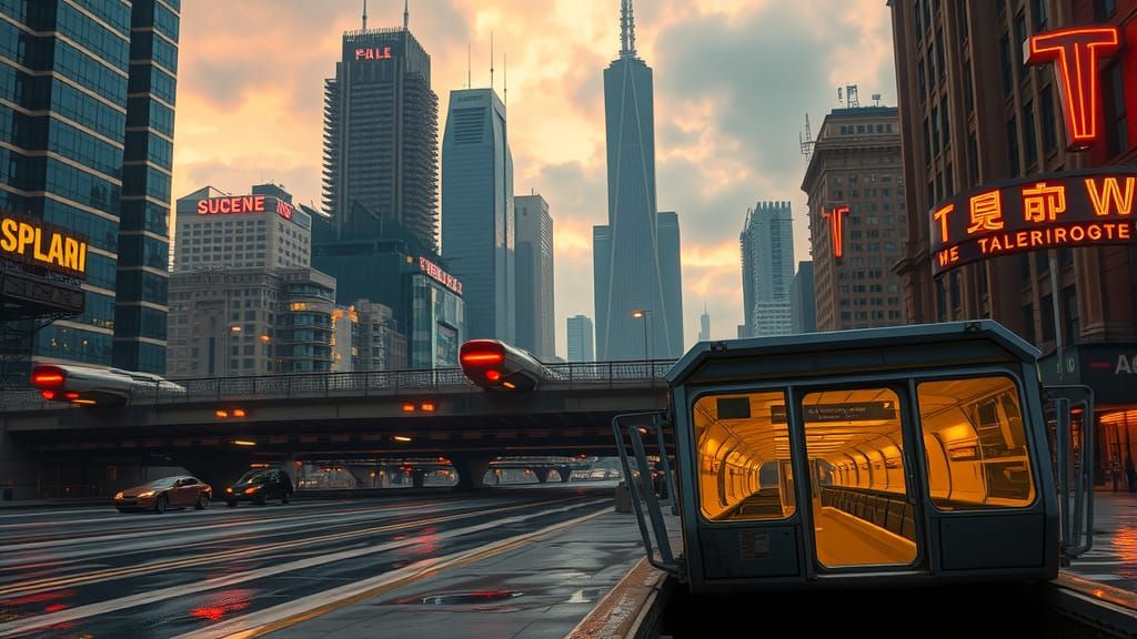Retro-Futuristic Cityscape at Dusk with Flying Cars