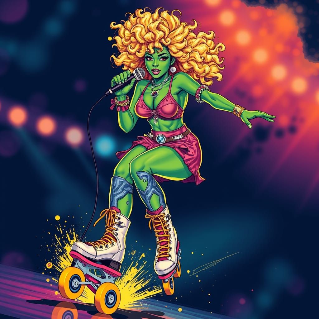 Glamorous 70s Orc Supermodel Leaping on Rollerblades