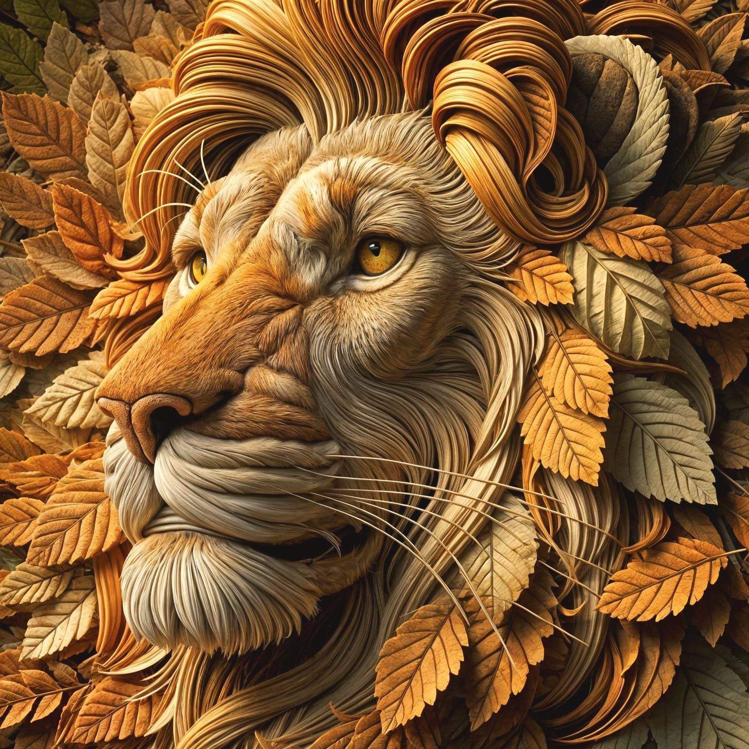Lion Sculpture with Autumn Leaves in Impressionistic Style