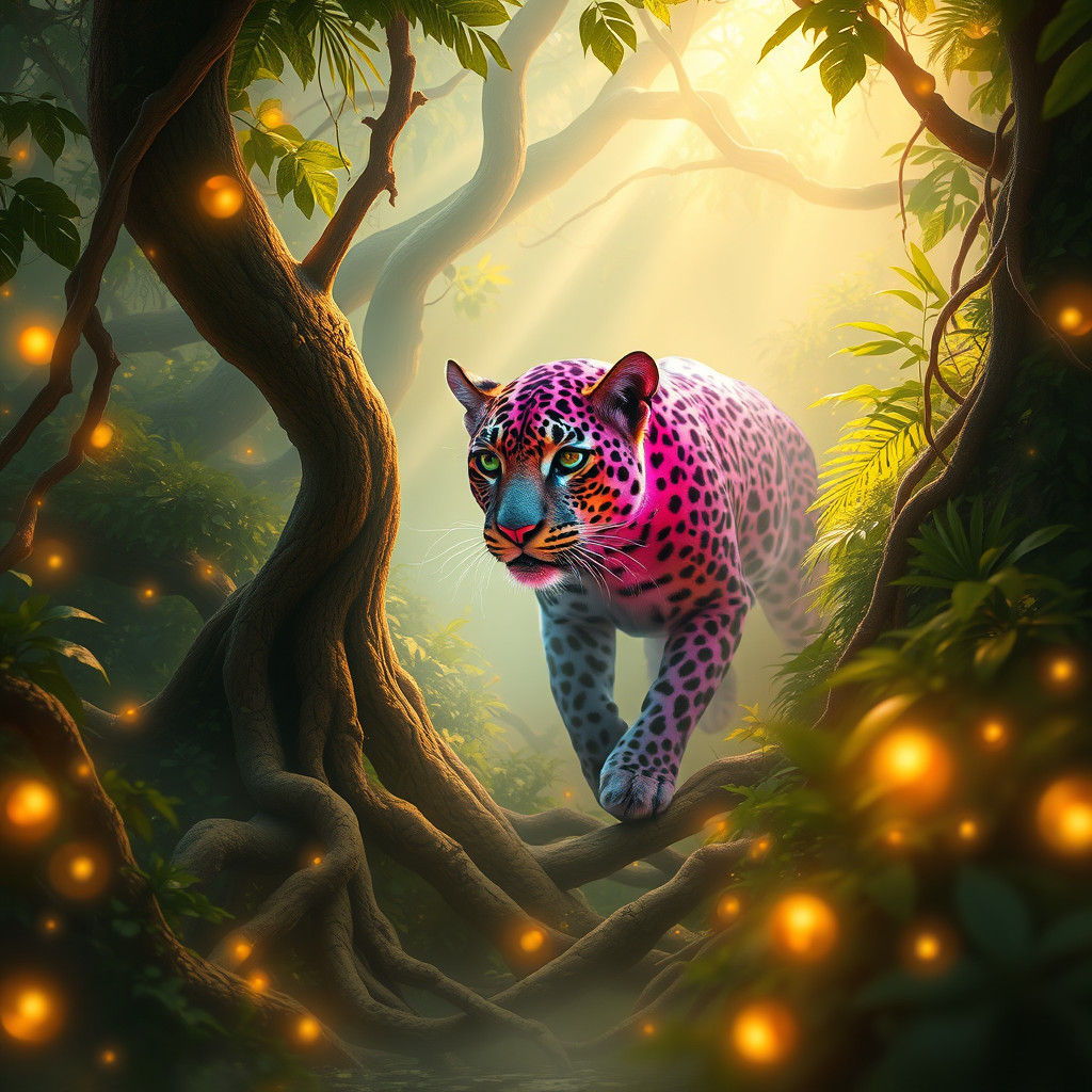 Iridescent Leopard in Lush Jungle, Dreamlike Digital Art