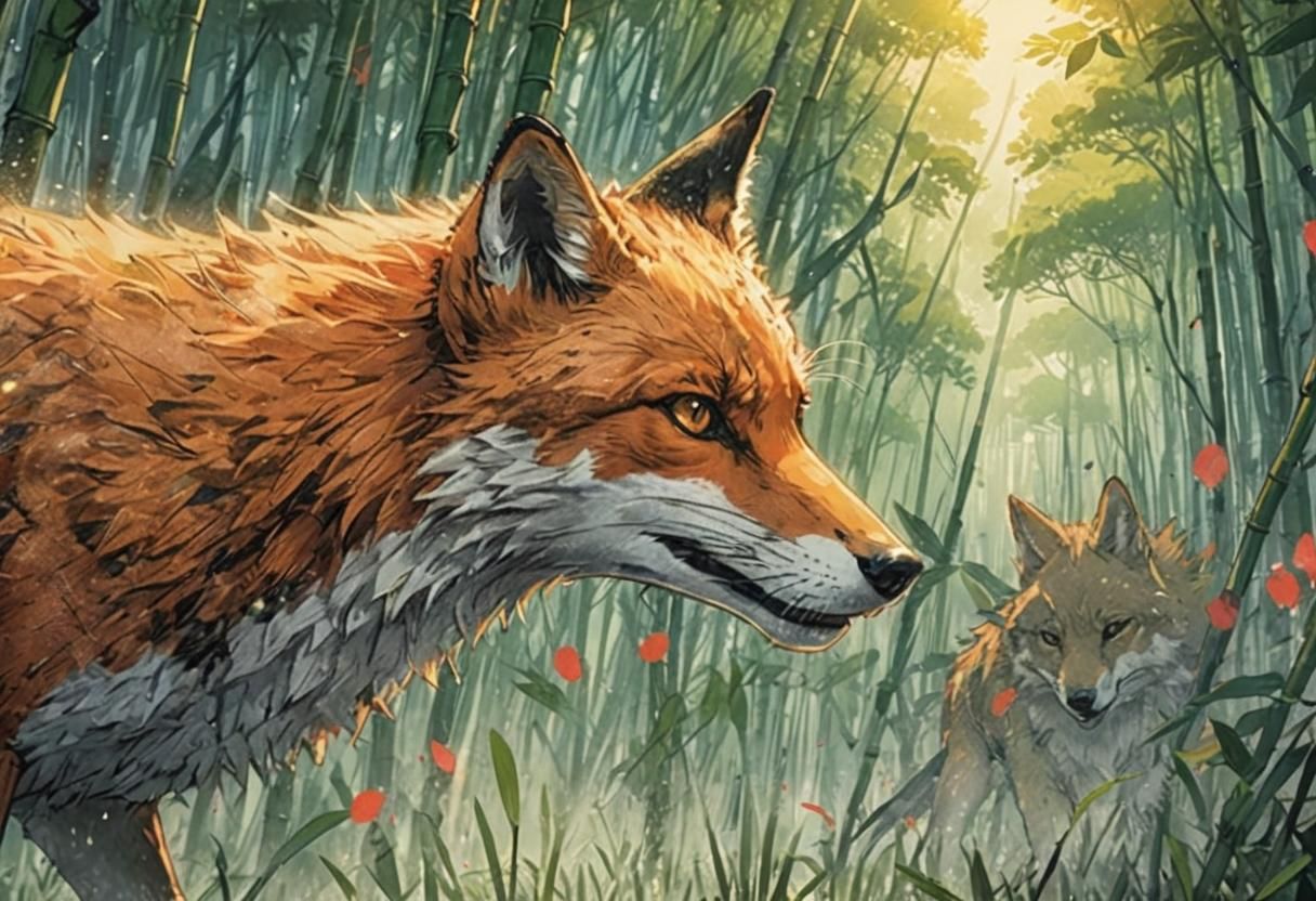 Anime Fox Attacks Wolf in Misty Forest