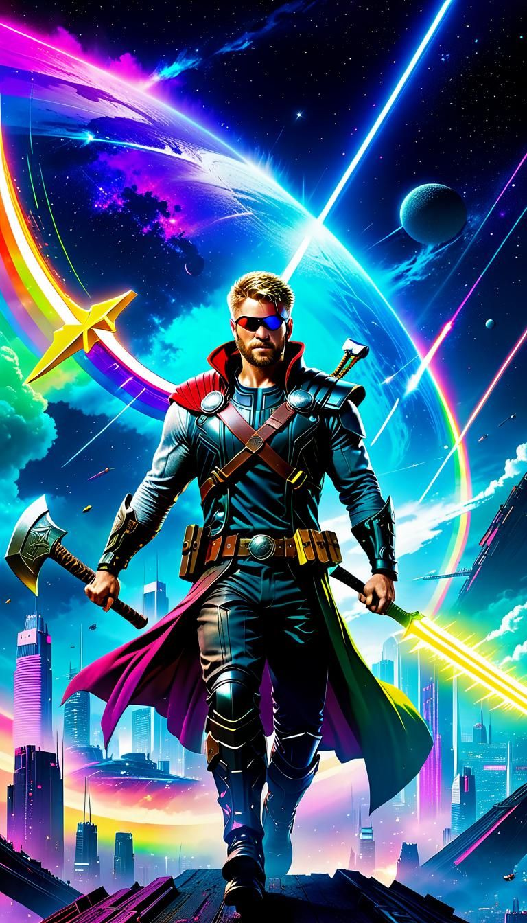 Cyberpunk Thor Flying in Space Over Rainbow Bridge