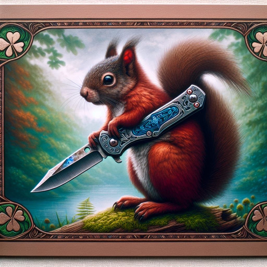 Squirrel with Switchblade on Playing Card