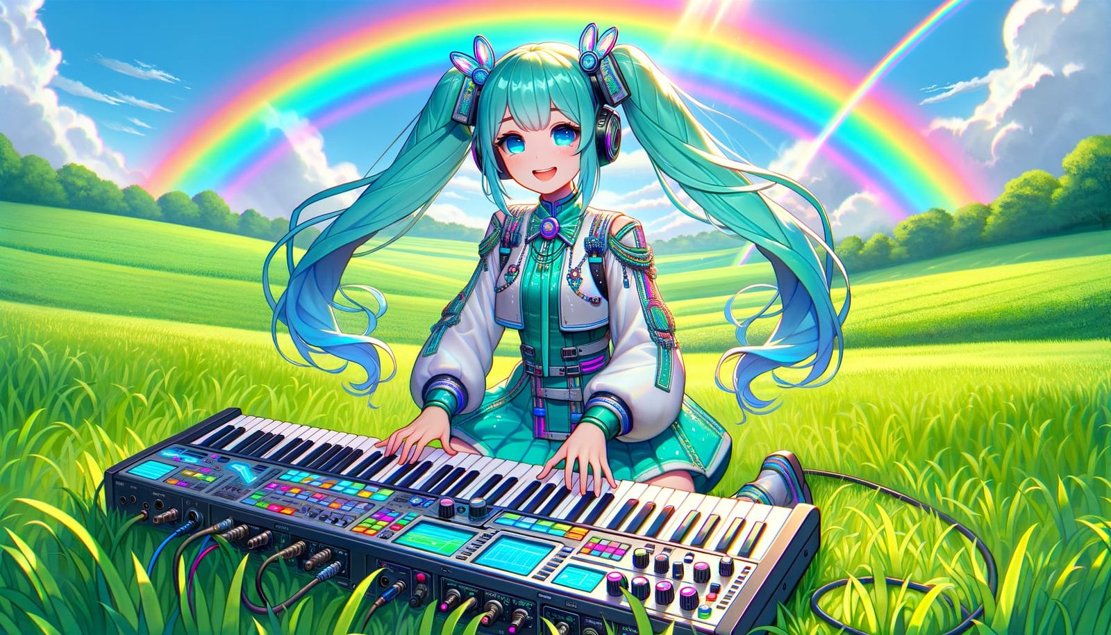 Vibrant Anime Idol Performs Under Rainbow