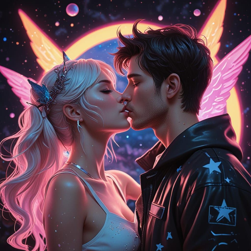 Surreal Kissing Scene in Vibrant Graffiti Art Style