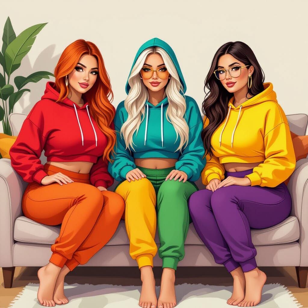 Five Women in Colorful Outfits Sitting on a Sofa