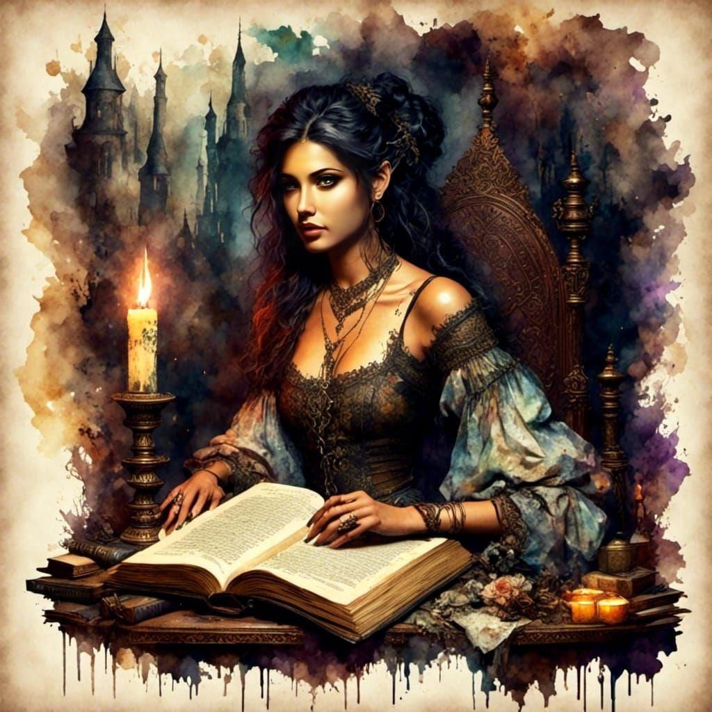 Pixie Reading Book in Antique Watercolor Style