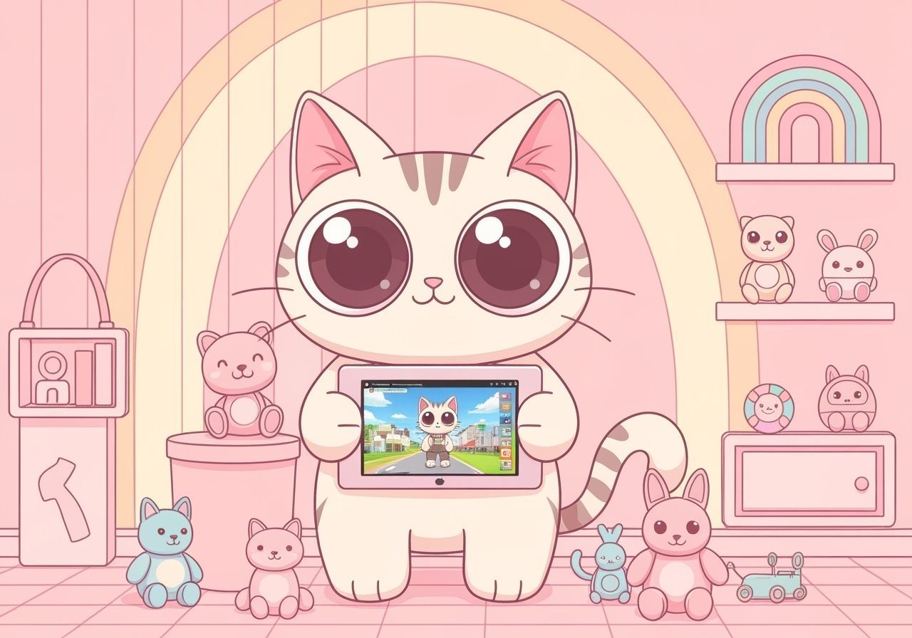 Kawaii Cat Playing Roblox on Tablet