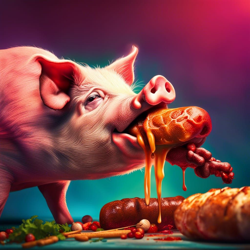 Hyperrealistic Pig Eats Sausage in Splash Art Style