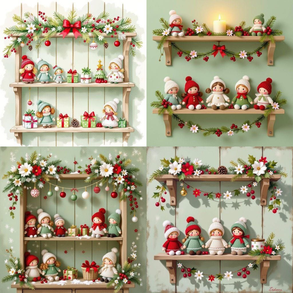 Vibrant Shabby Chic Scene with Knitted Dolls and Festive Dec...