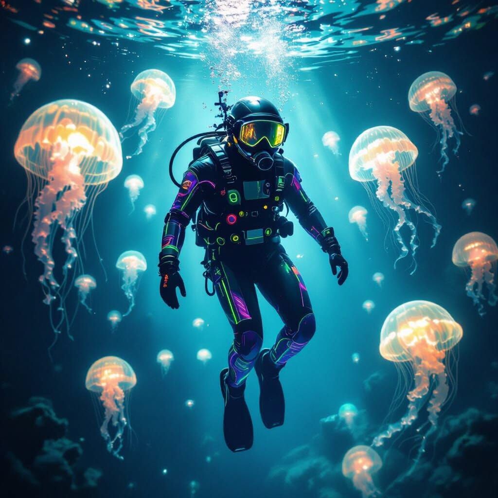 Bioluminescent Deep-Sea Diver in Abyss: Cosmic Horror Style