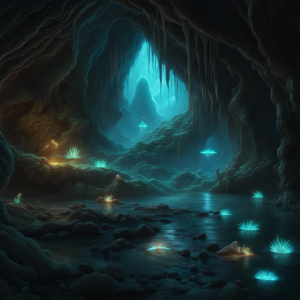 Bioluminescent Slugs in Magical Cave: Digital Matte Painting