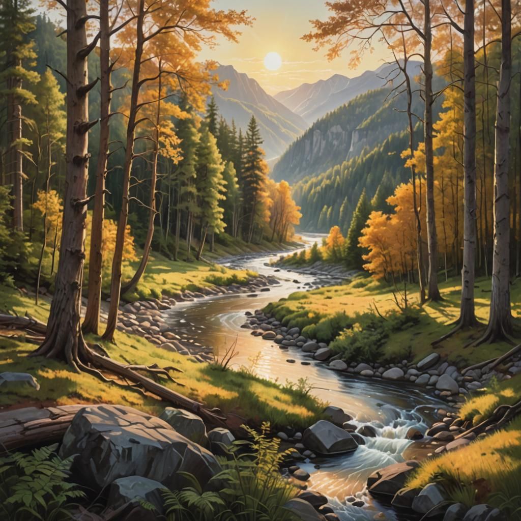 Vivid Oil Painting of Forest Landscape with River