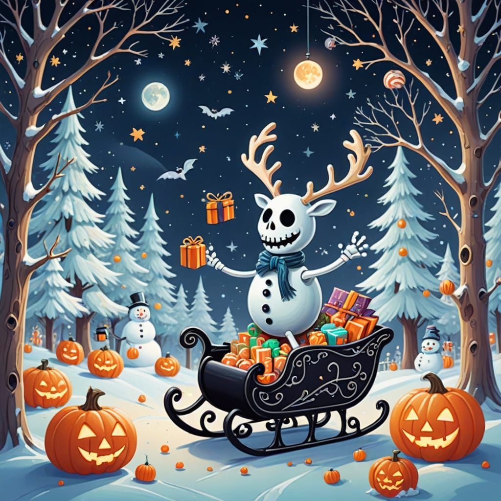 Skeleton Reindeer Hauls Halloween Christmas Sleigh