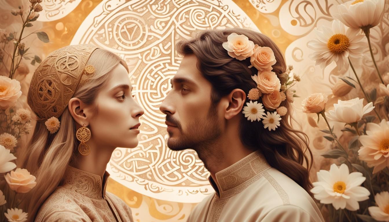 Mystical Surrealism: Lovers Surrounded by Mystic Symbols