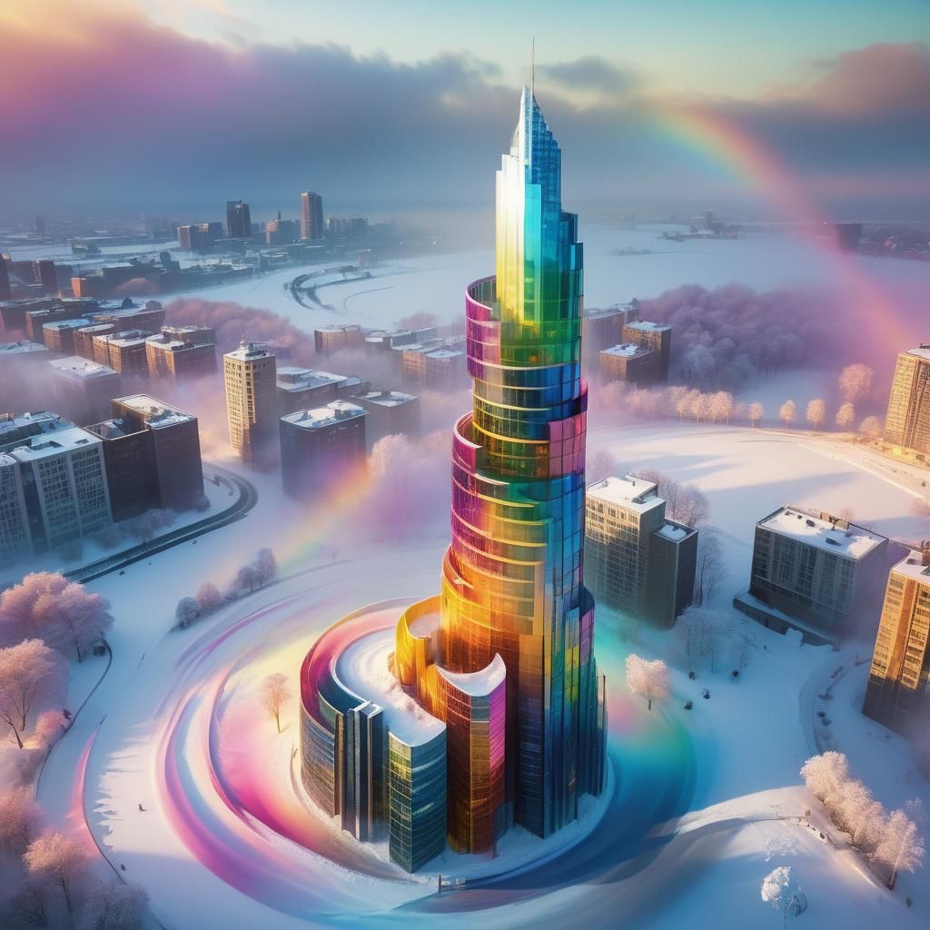 Rainbow Skyscraper in Surreal Snowscape: Digital Matte Paint...