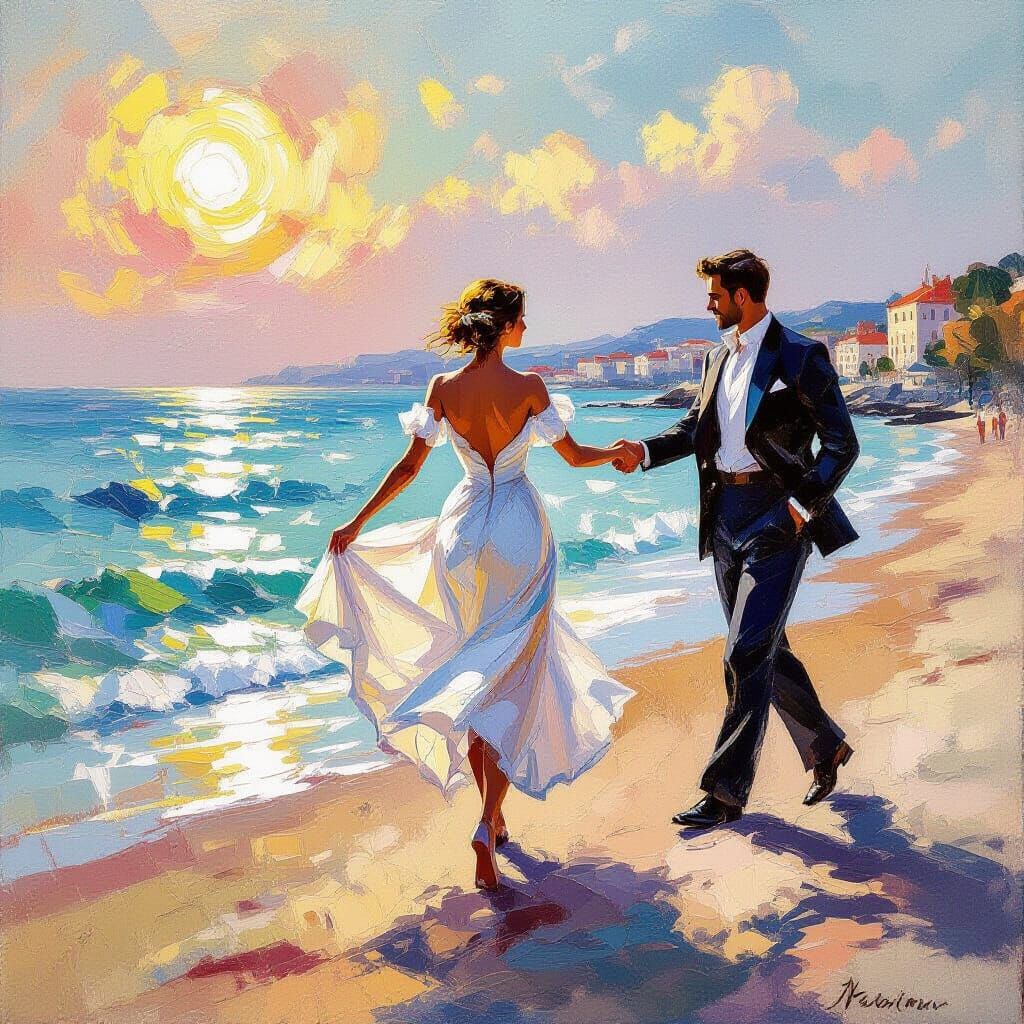 Dancers on Sunny Beach in Impressionist Style