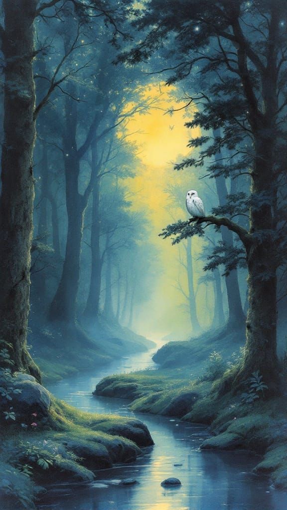 White Owl in Forest, Alphonse Mucha Style