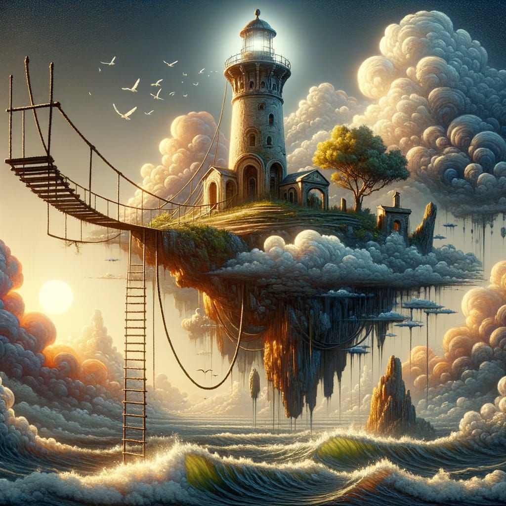 Surreal Lighthouse on a Floating Island in the Sky