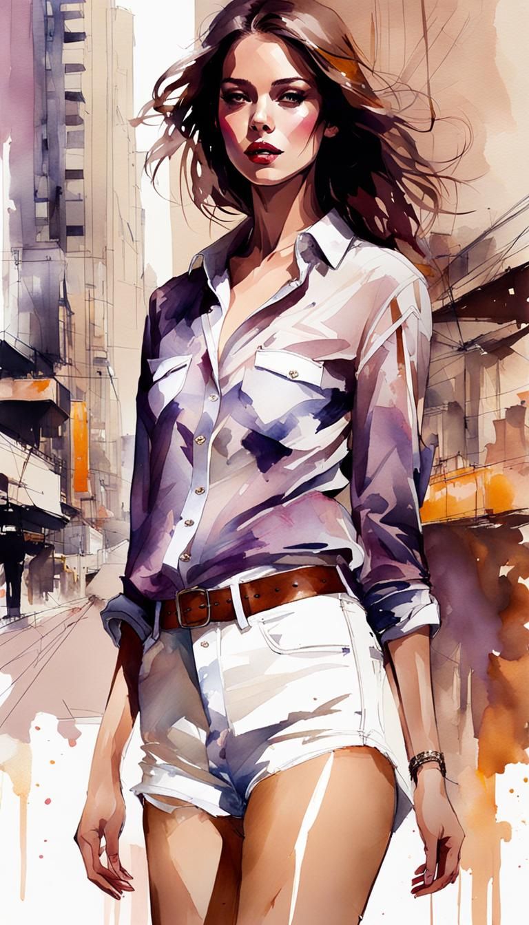 Watercolor Portrait of Young Woman in Cityscape