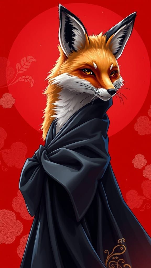 Majestic Fox in Black Gown Against Vibrant Rouge Background