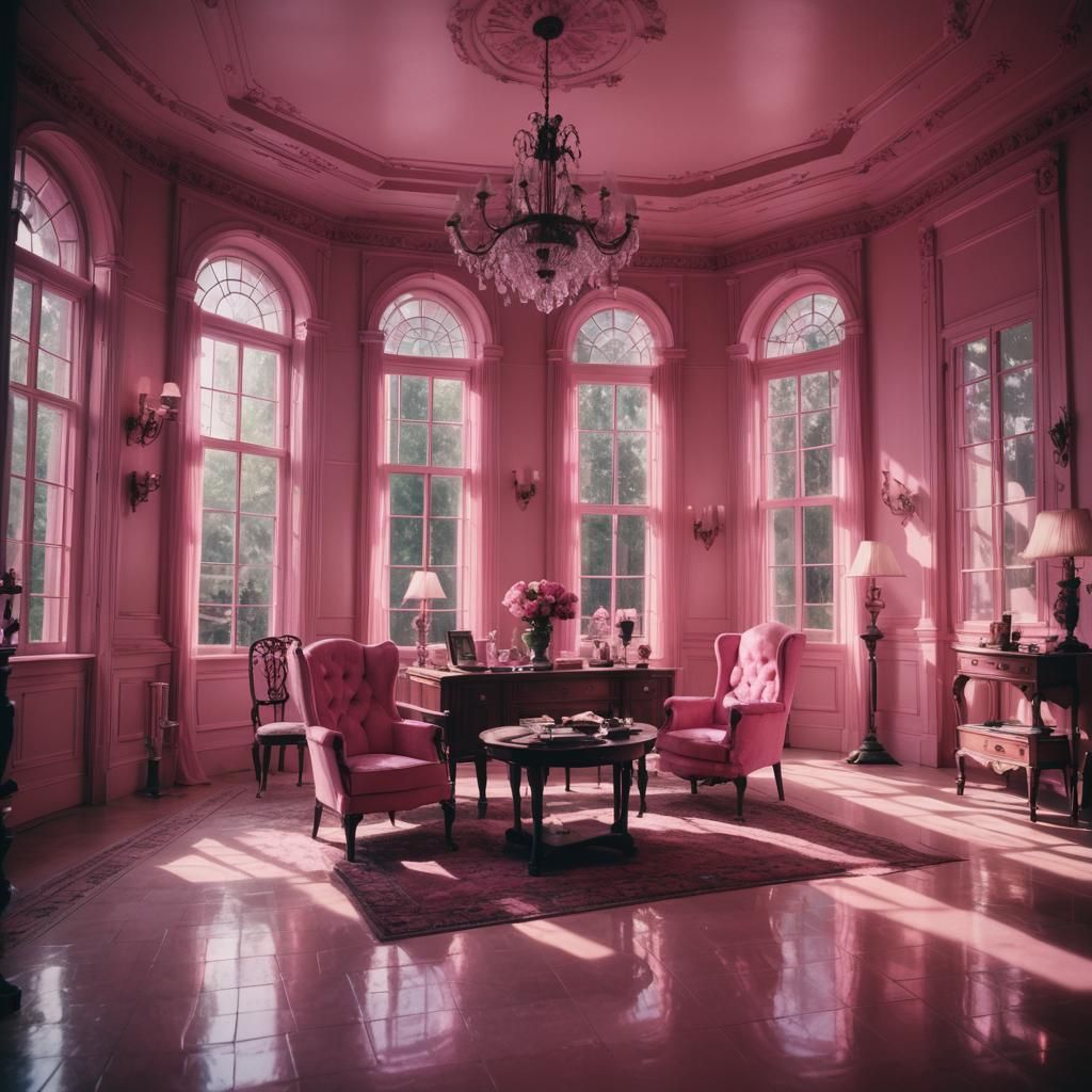 Dramatic Pink Glass Manor Cinematic Still
