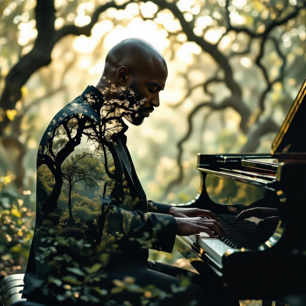 Double Exposure: Piano Player Merges With Ancient Forest