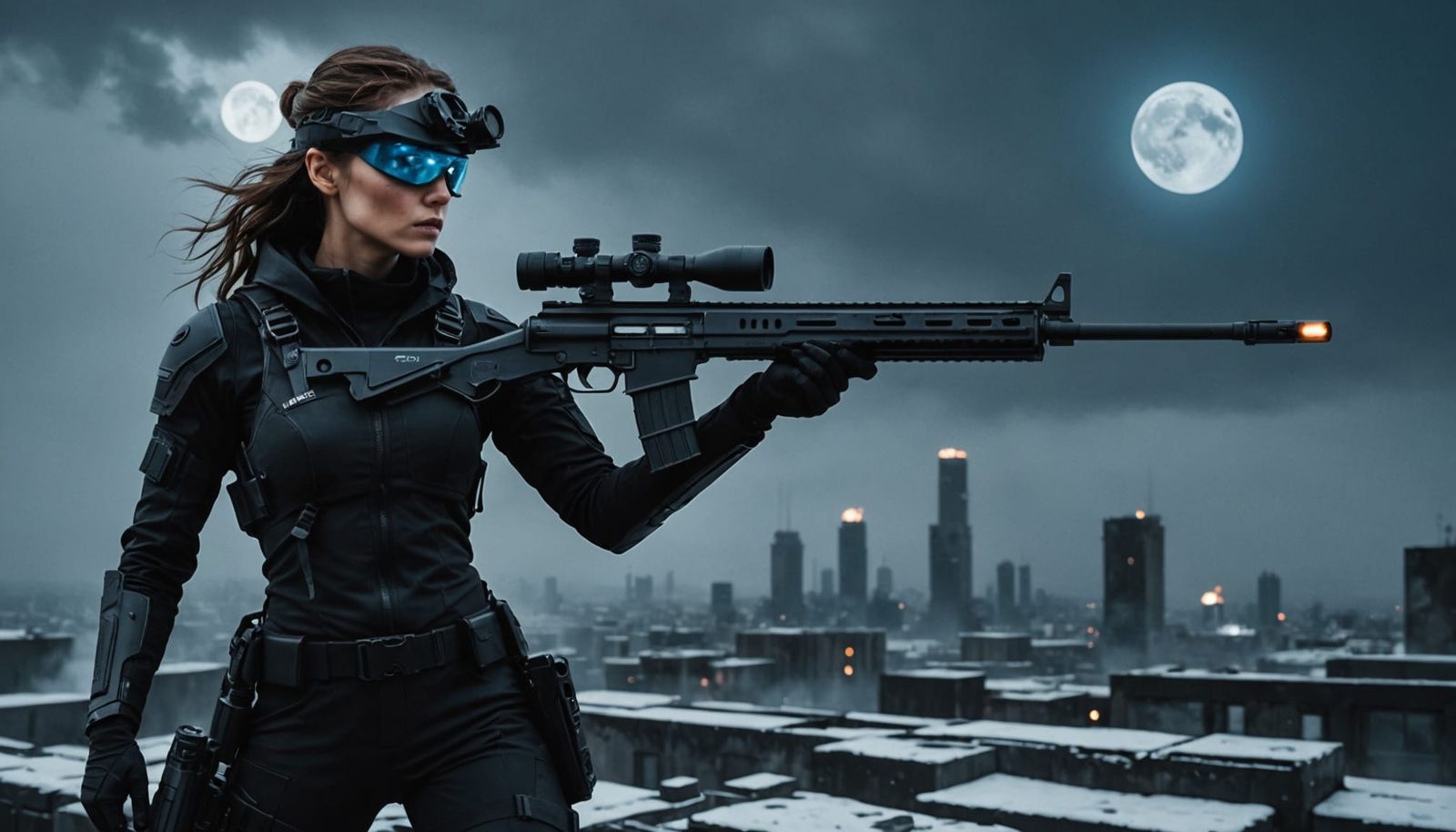 Stoic Agent on Ruined Rooftop Aiming Sniper Rifle