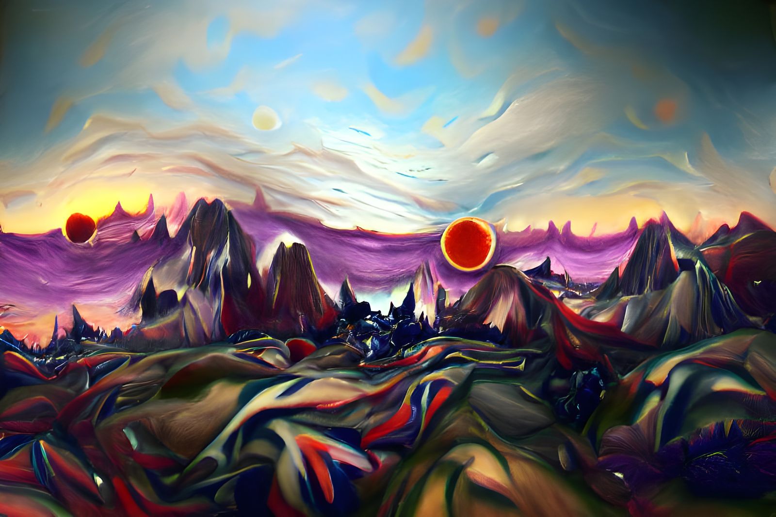 Barren Planet Landscape with Midnight Sun, Impasto Painting