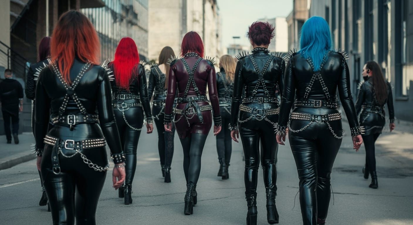 Sultry Females Stroll Down a Sunny Street in Edgy Leather At...