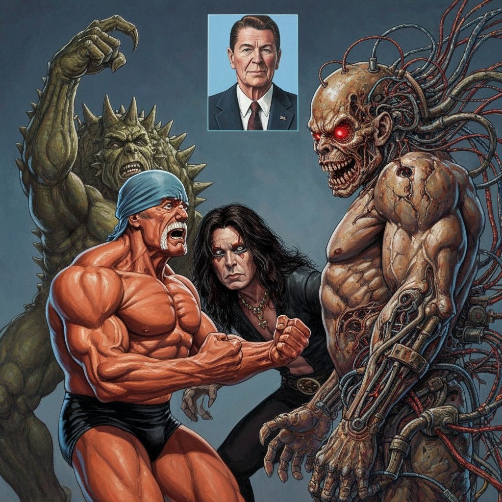 Hulk Hogan vs. Ozzy Osbourne vs. Elon Musk as Fantasy Art
