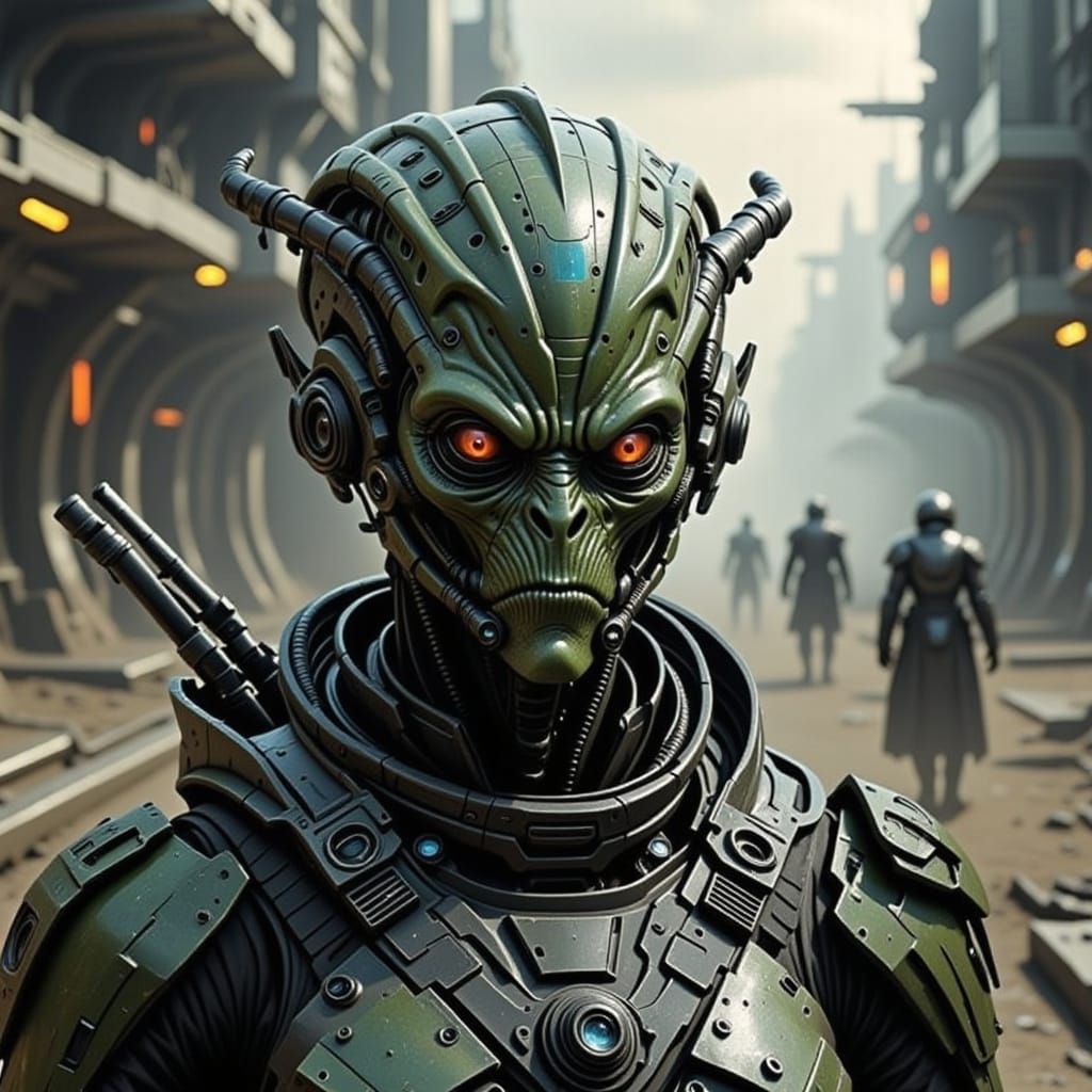 Glowing Alien Mercenary in Neon-Lit Futuristic Landscape