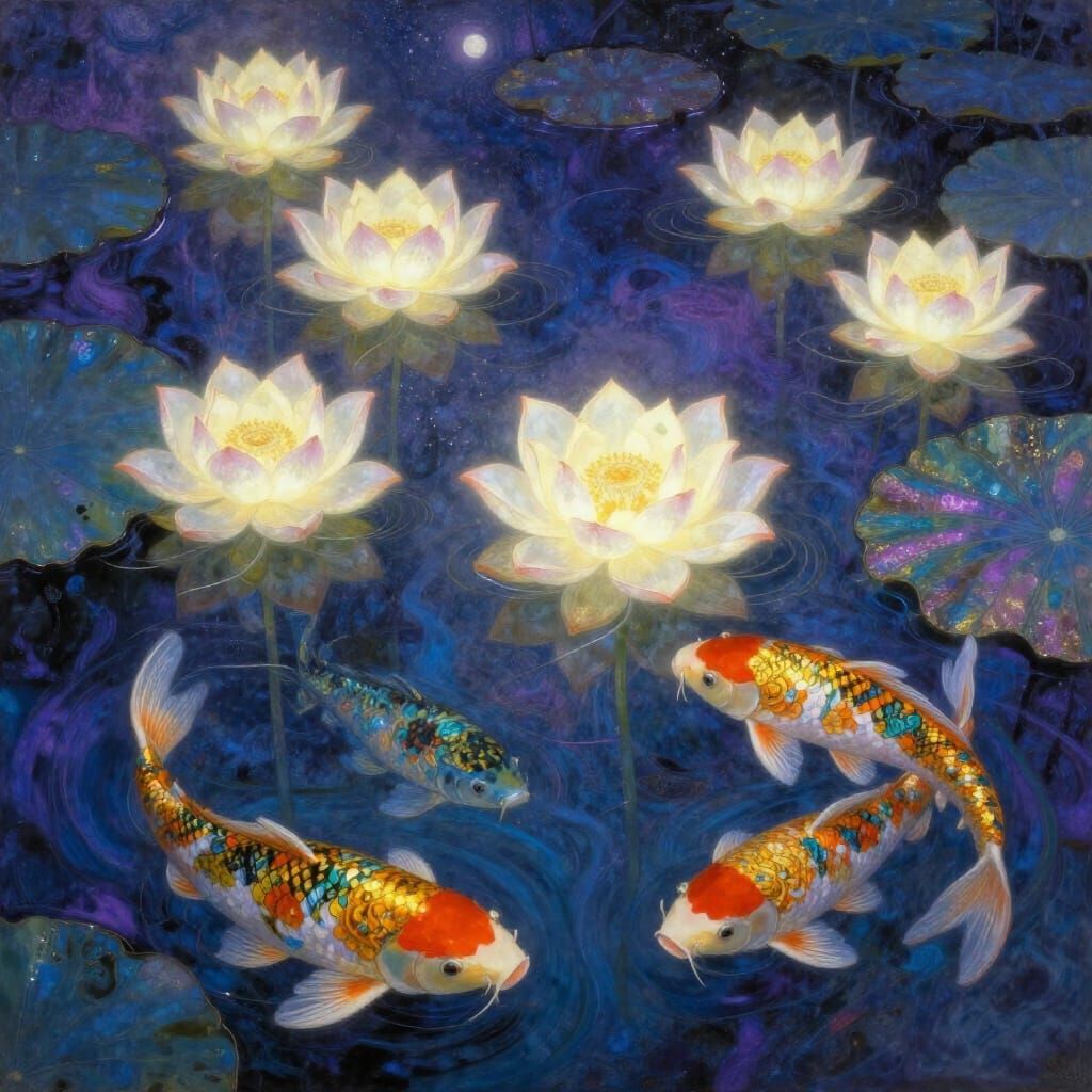 Art Nouveau Lotus Pond with Luminescent Koi and Full Moon