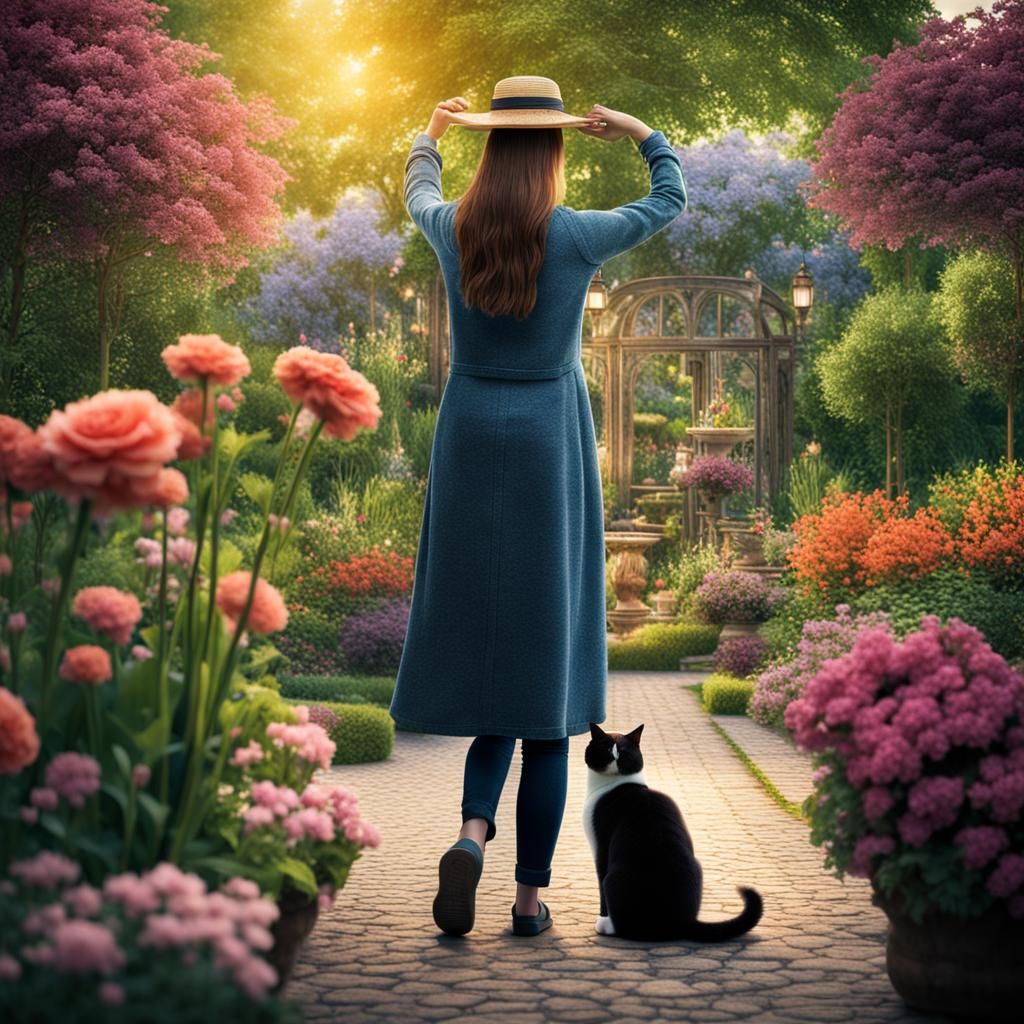 Woman and Cat in Enchanted Garden