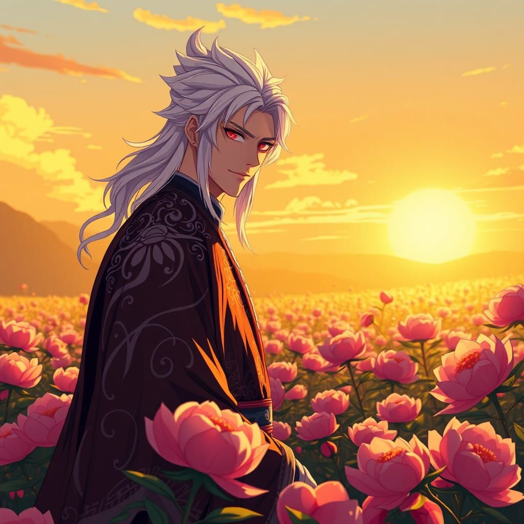 Anime Man Walks Through Peony Field