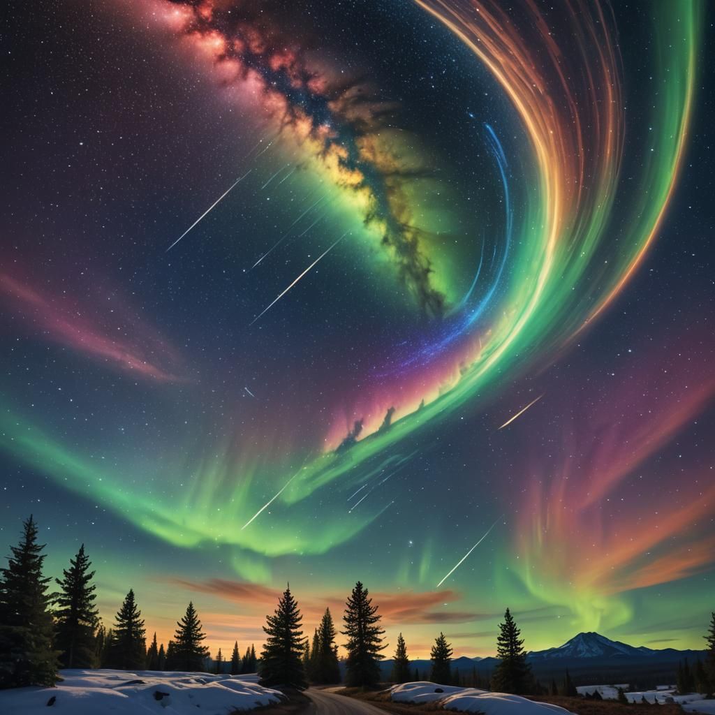 Starry Night Sky with Aurora Borealis in Matte Painting Styl...