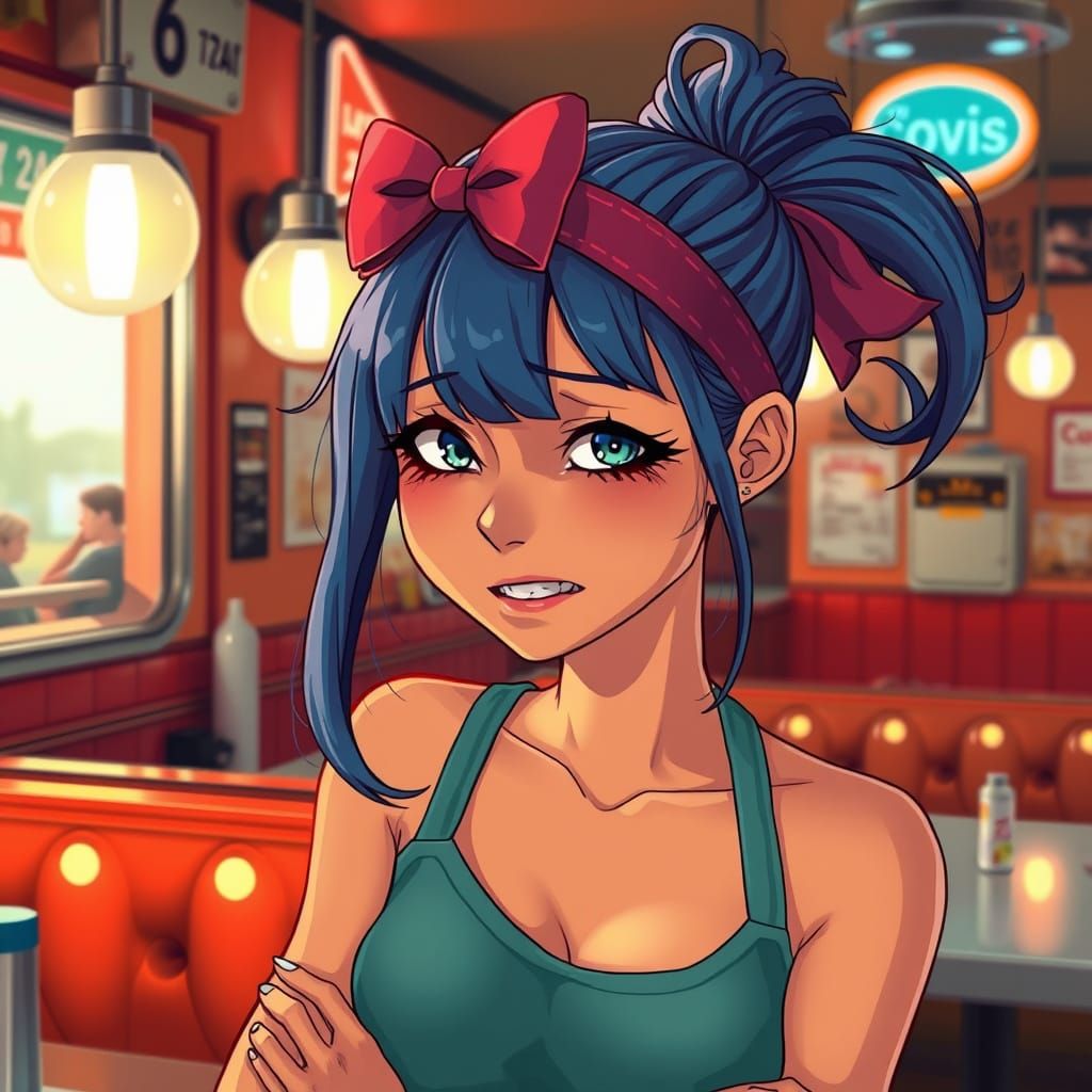Exhausted Blue-Haired Waitress in Manga Scan Style