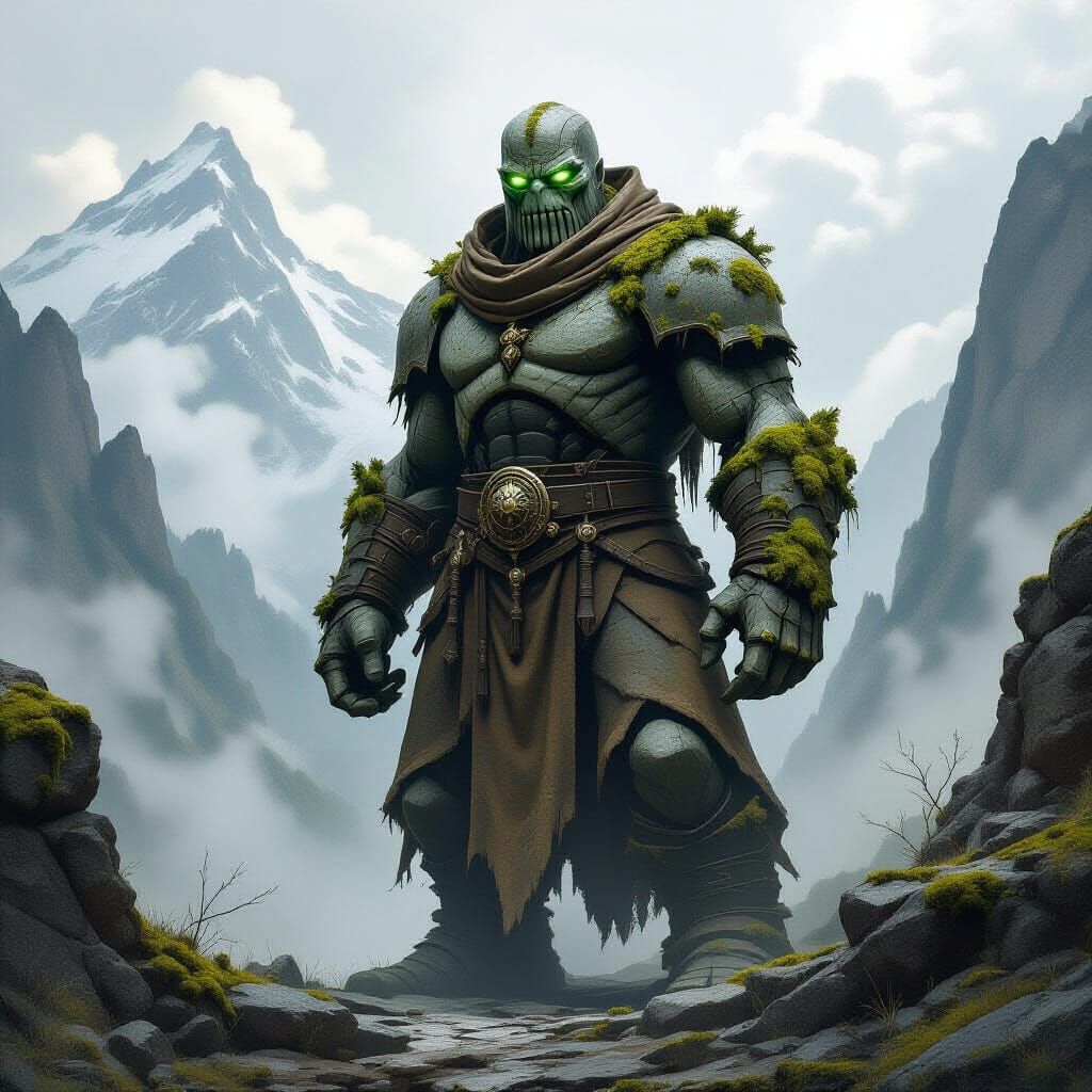 Stone Golem Guardian in Dark Fantasy Landscape
