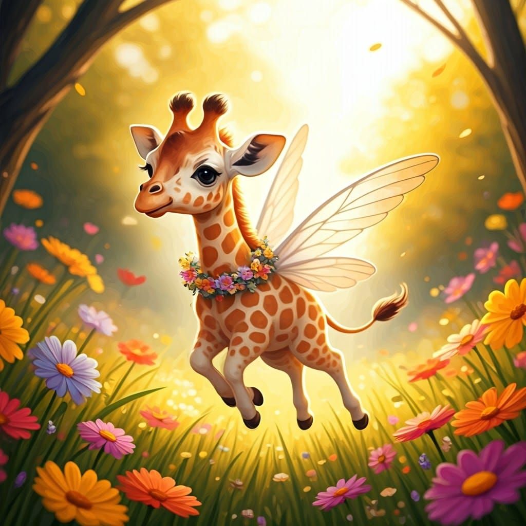 Whimsical Giraffe with Wings in Impressionist Meadow