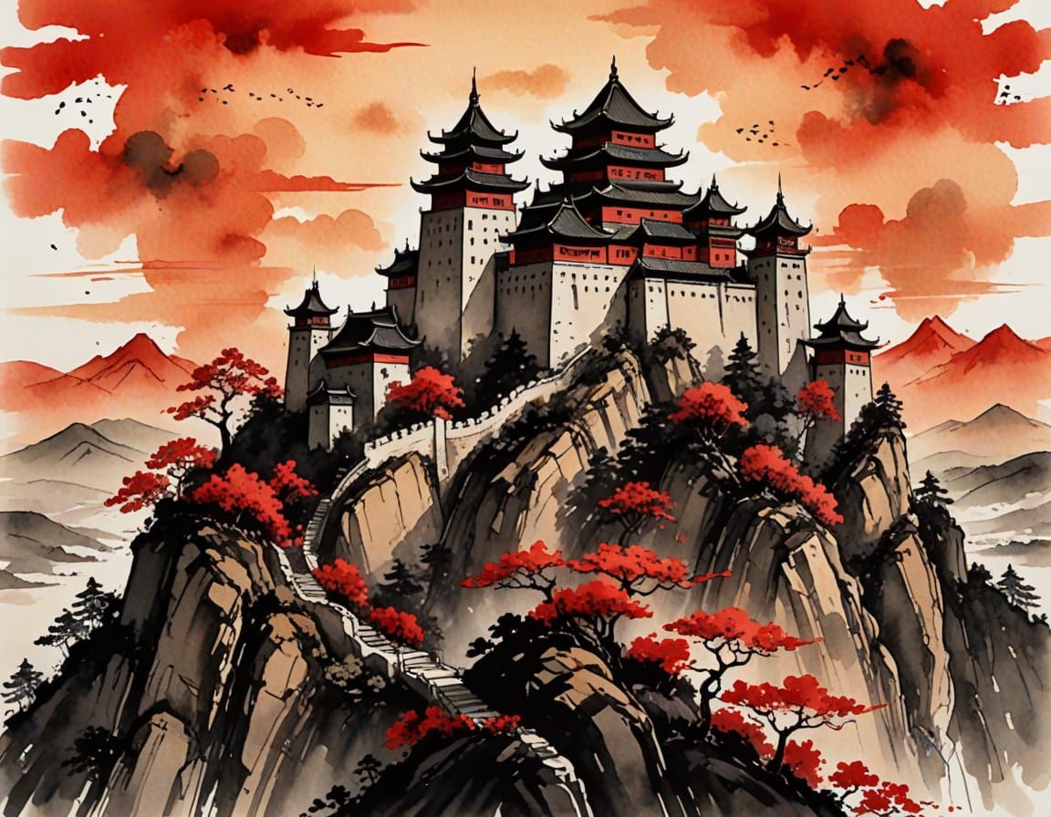 Whimsical Castle on the Hill in Chinese Ink Art