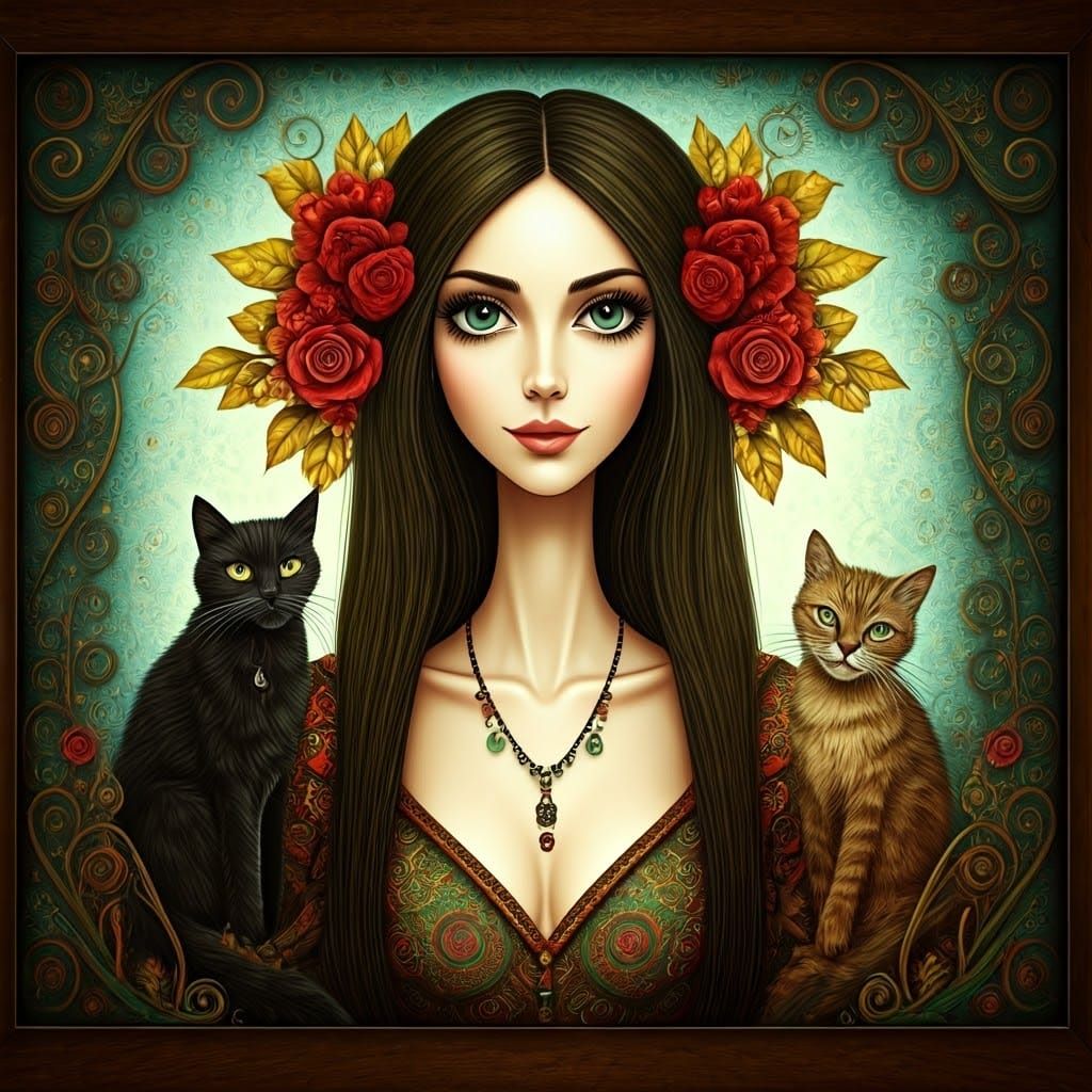 Bohemian Lady with Cats in Gris Grimly Style