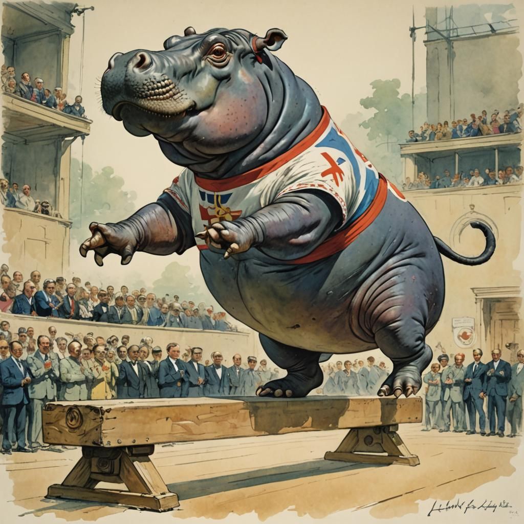 Hippo Gymnast at the Olympics, Vintage Illustration