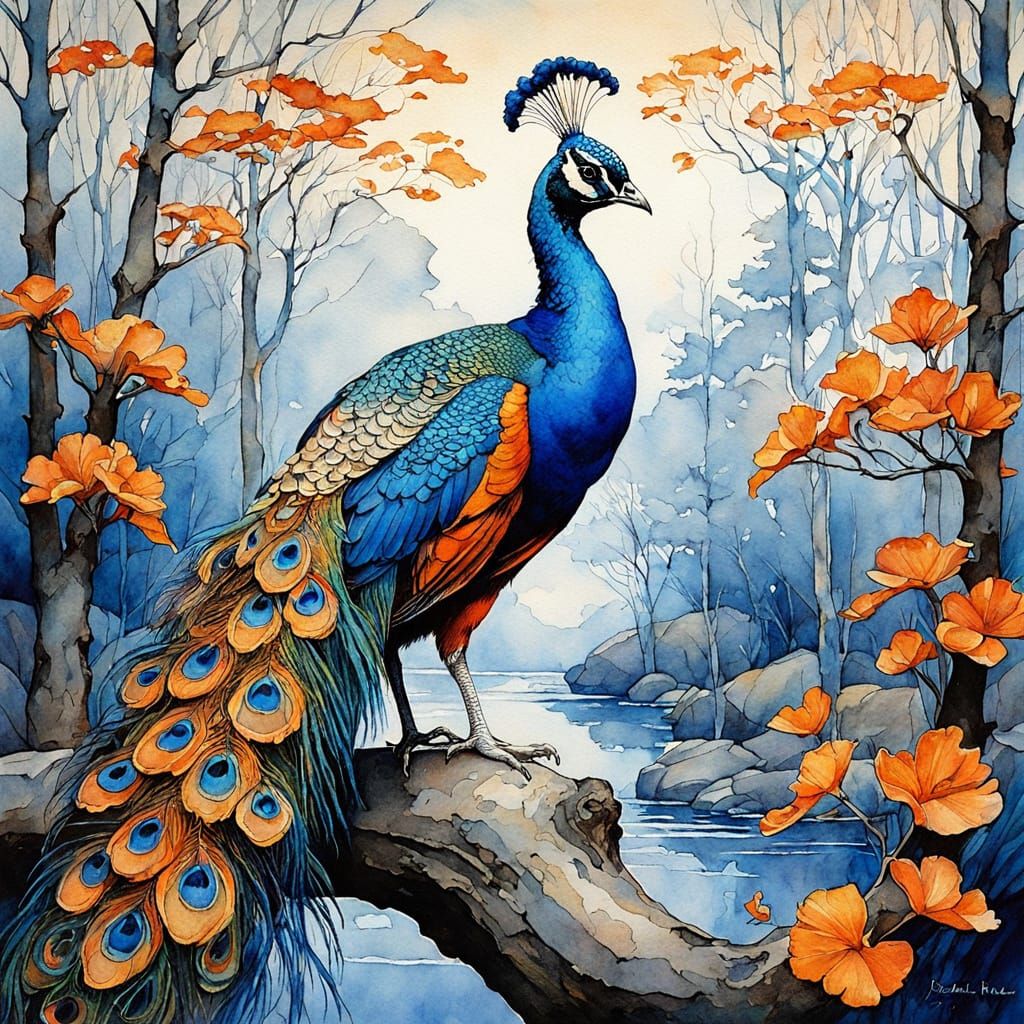 "A beautiful Orange and Blue peacock is perched on a tree branch". The "peacock has hundreds of brilliant bright orange ...