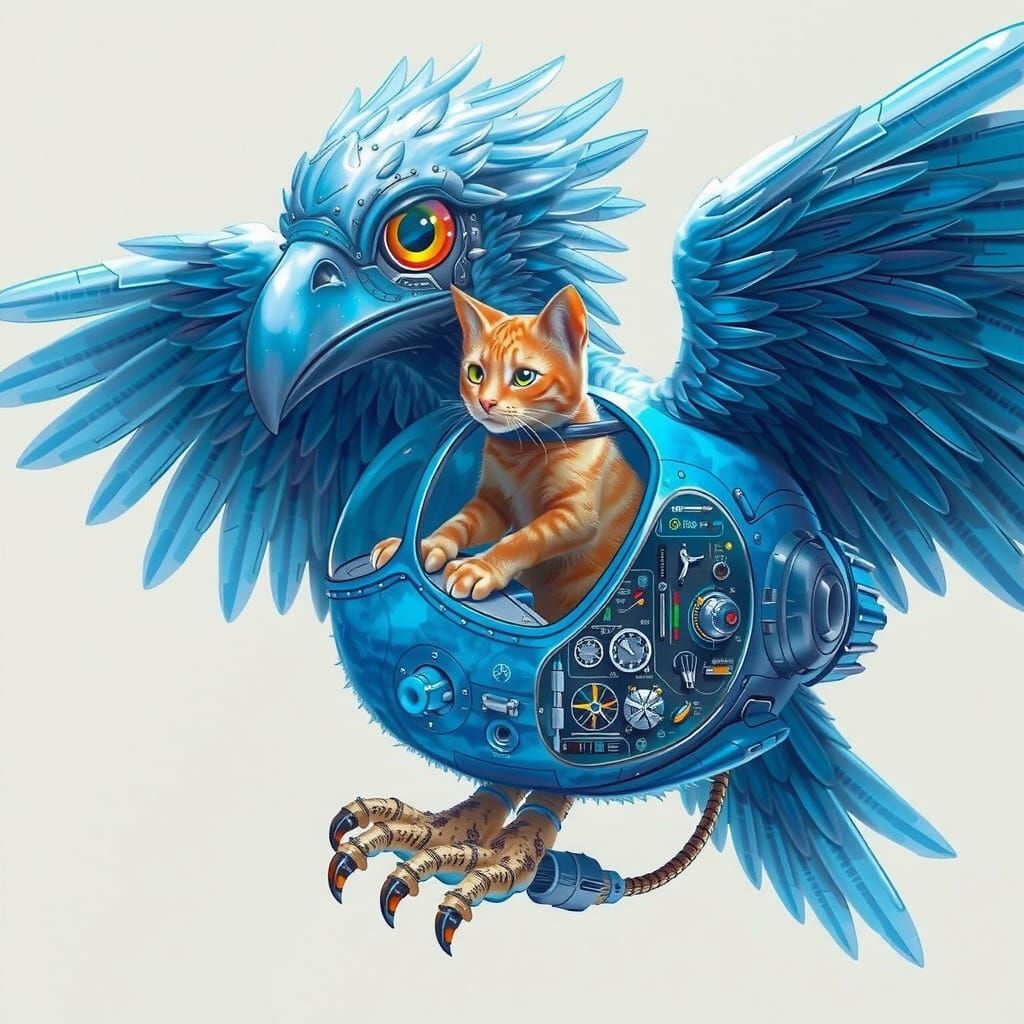 Iridescent Eagle Humanoid Controlled by Cat