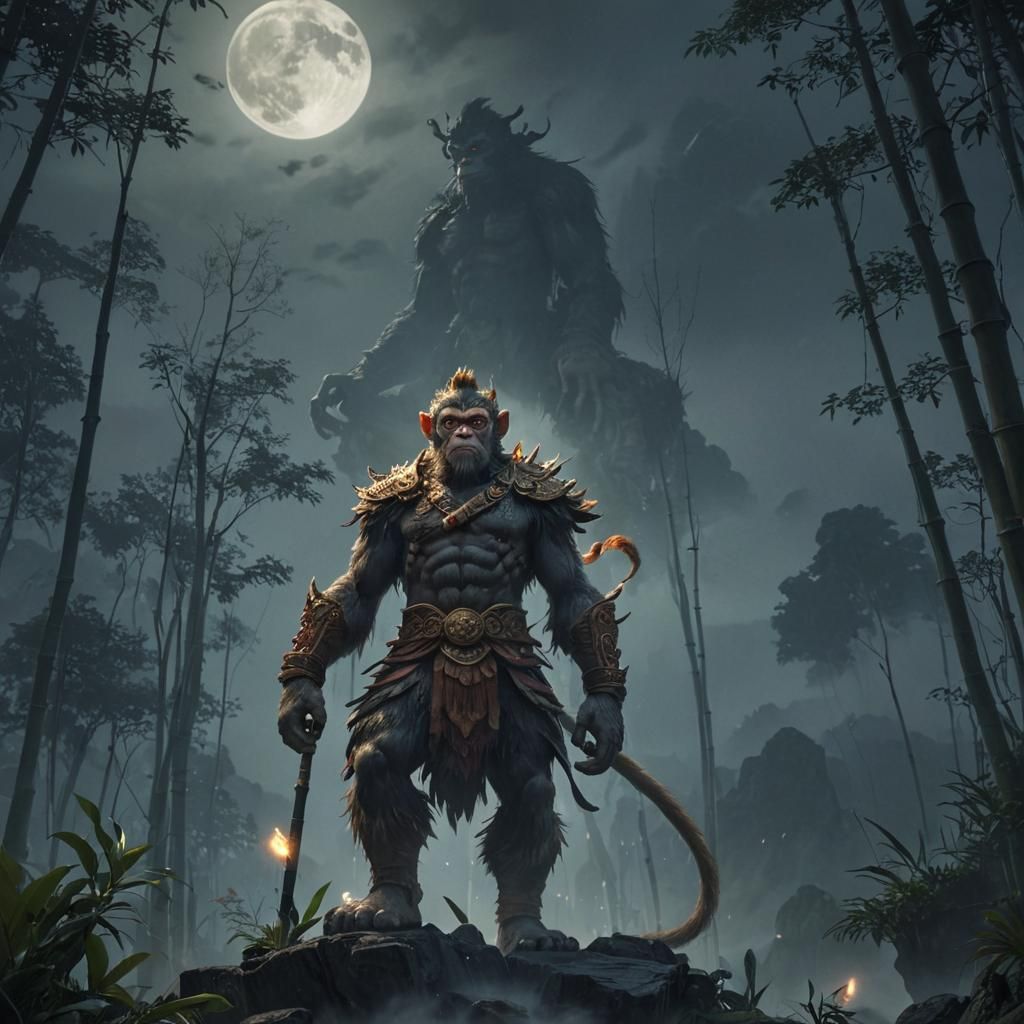 Monkey King in Bamboo Forest with Monster, 3D Render