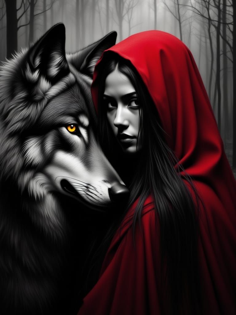 Crimson Cloak Girl with Wolf in Gothic Fantasy