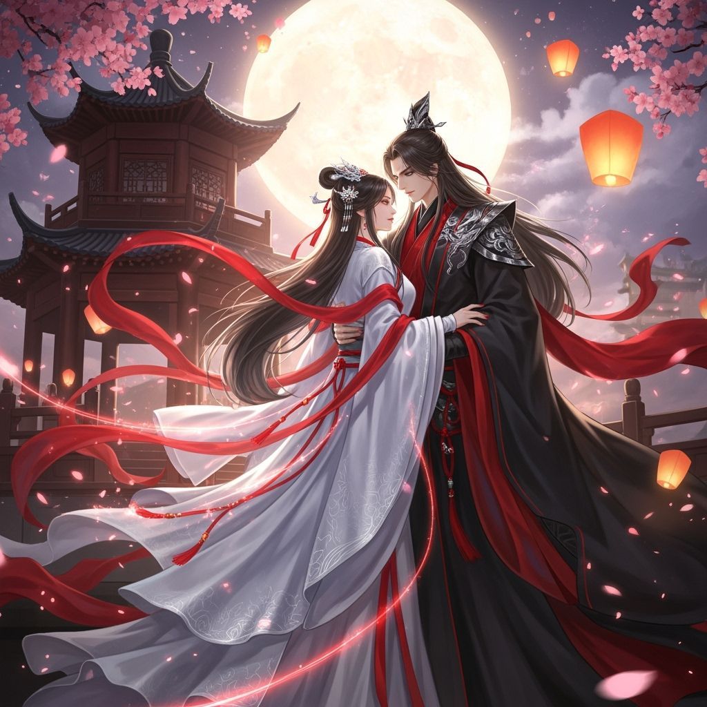 Moon Goddess and Lover Embrace in Anime Style