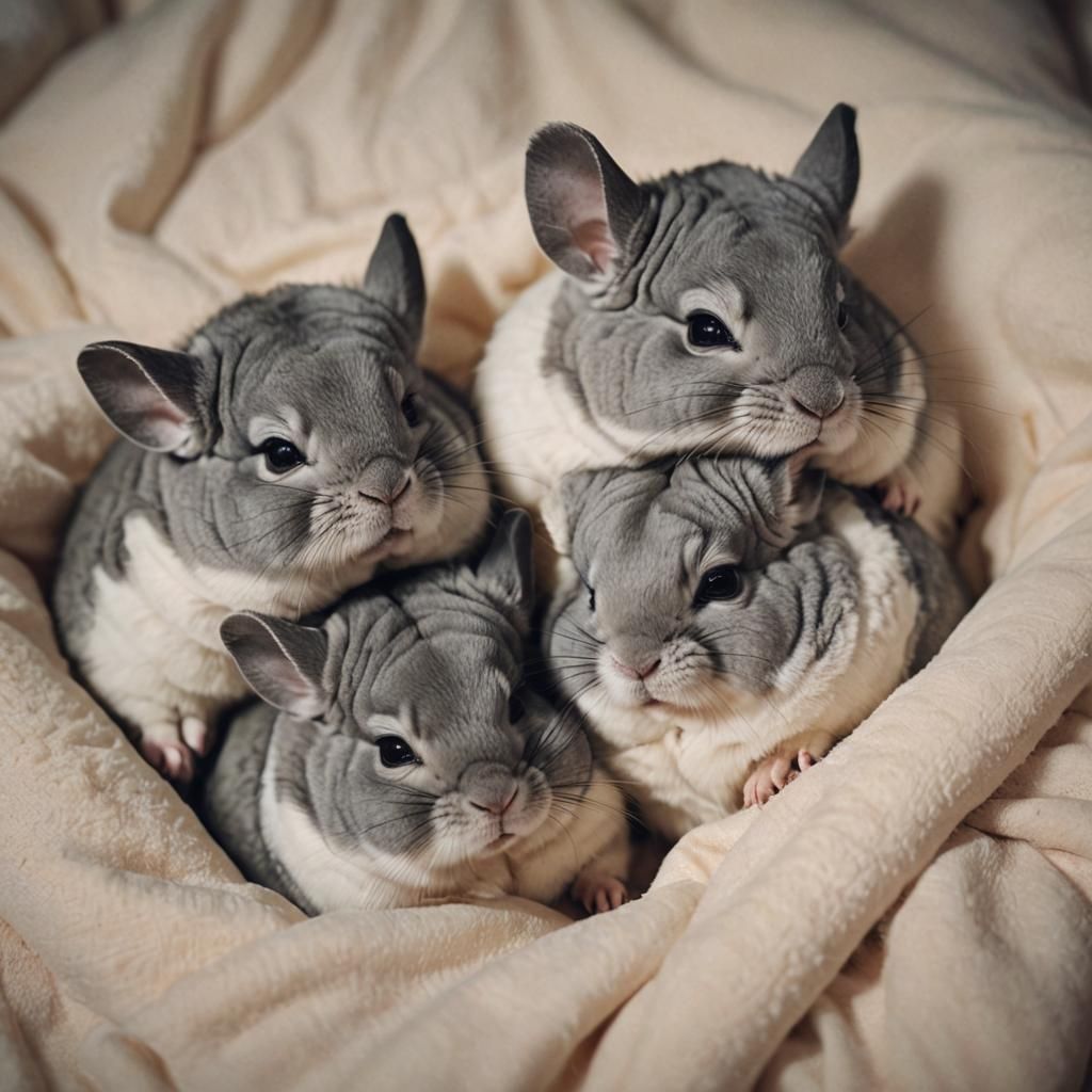 Sleeping Chinchillas in Fluffy Bed: Cinematic Film Still