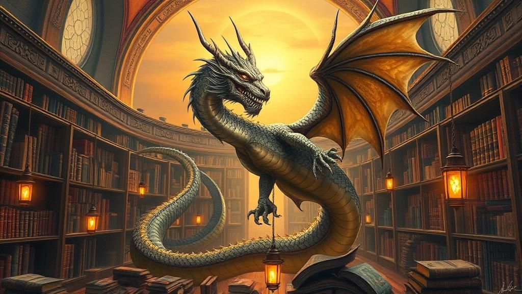 Dragon in Dreamlike Library, Inspired by Neo-Impressionism